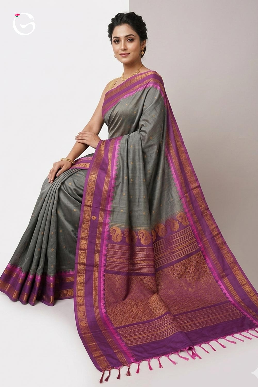 Gadwal Pure Grey Butta body with Purple small butta border handloom silk saree