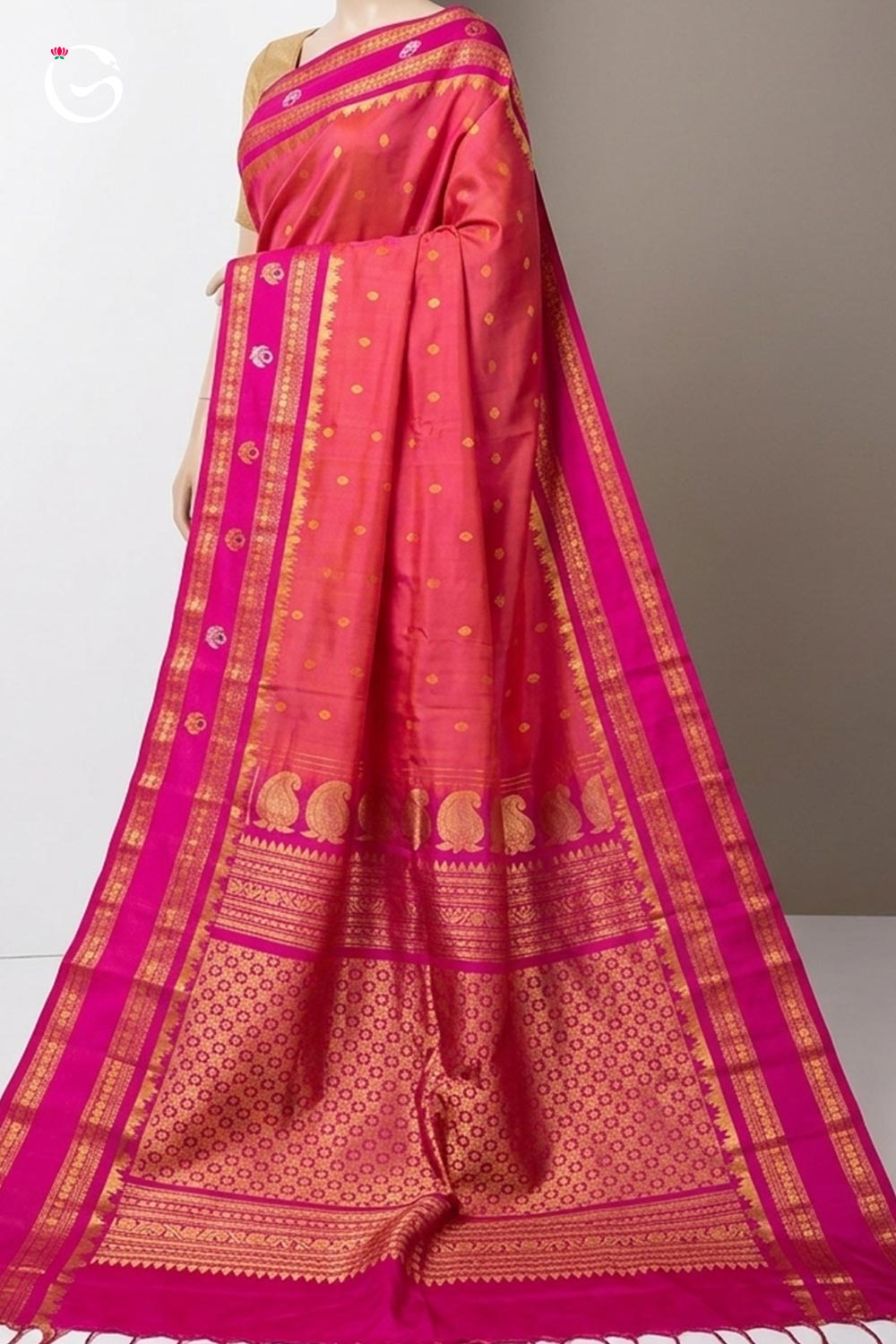 Gadwal Pure Red Butta body with Magenta Pink small butta border handloom silk saree