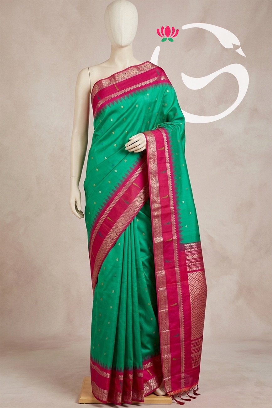 Gadwal Pure Green Butta Body with Megana Pink Munia border Handloom Kuttu Silk Saree