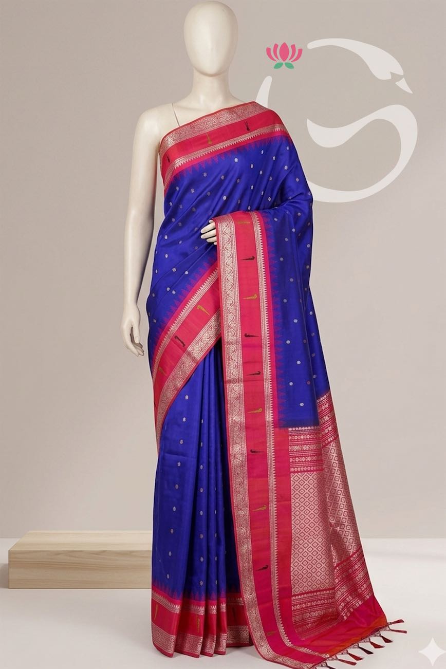 Gadwal Pure Blue Butta Body with Magenta Pink Munia border Handloom Kuttu Silk Saree