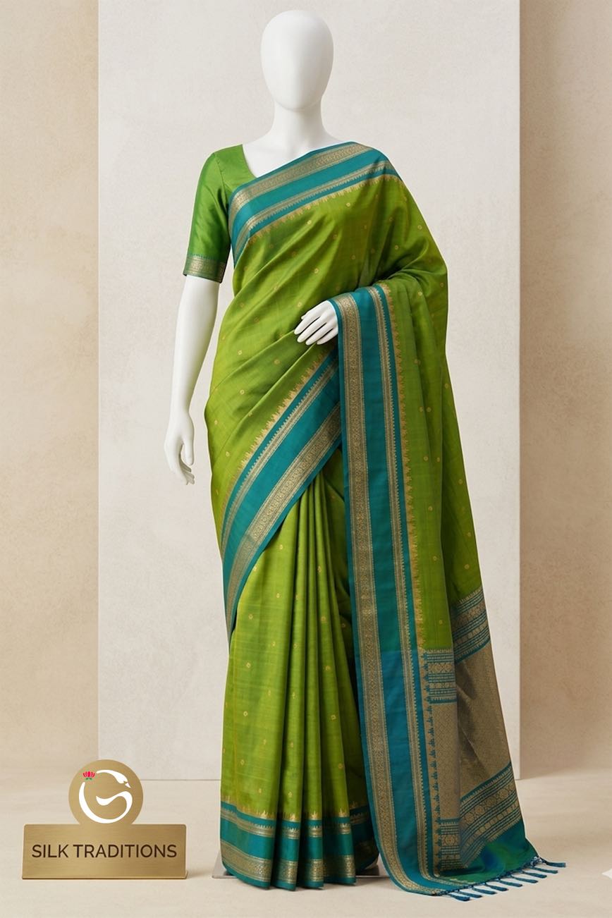 Gadwal Pure Parrot Green Butta Body with Rani Aqua Green Munia border Handloom Kuttu Silk Saree