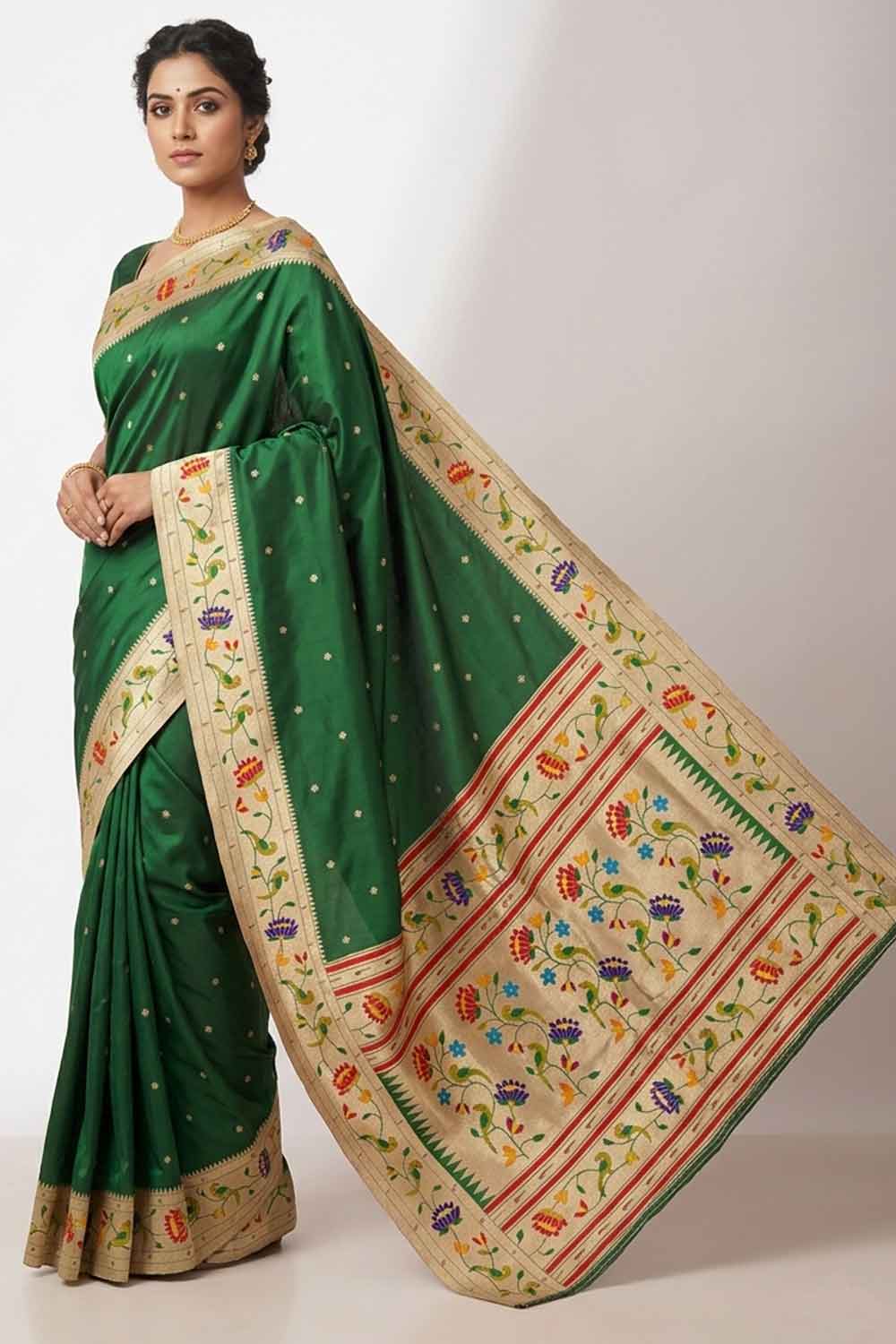 Gadwal Paithani Bottle Green Dual Shade with Gold Border Pure Thread works