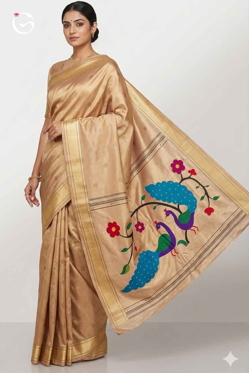 Gadwal Paithani Creem Gold Dual Shade with Gold Border Pure Thread works