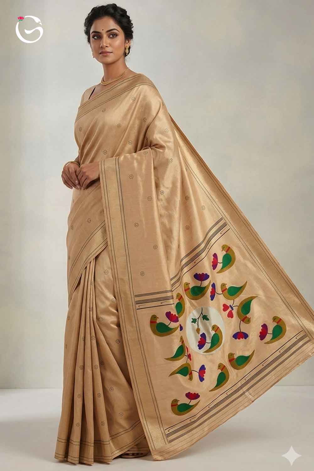 Gadwal Paithani Creem Gold Dual Shade with Gold Border Pure Thread works