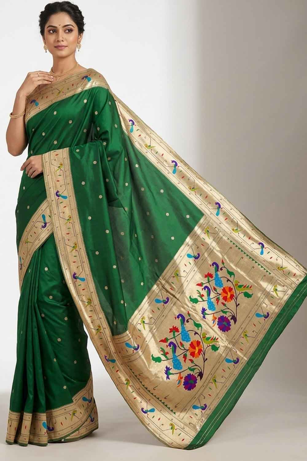 Gadwal Paithani Green Dual Shade with Gold Border Pure Thread works