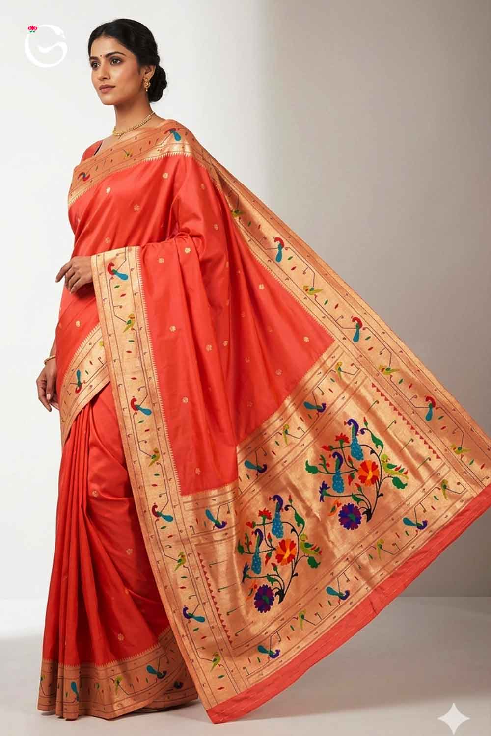 Gadwal Paithani Peach Orange Dual Shade with Gold Border Pure Thread works