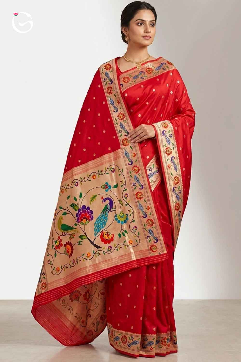 Gadwal Paithani Postal Red with Gold Border Pure Thread works